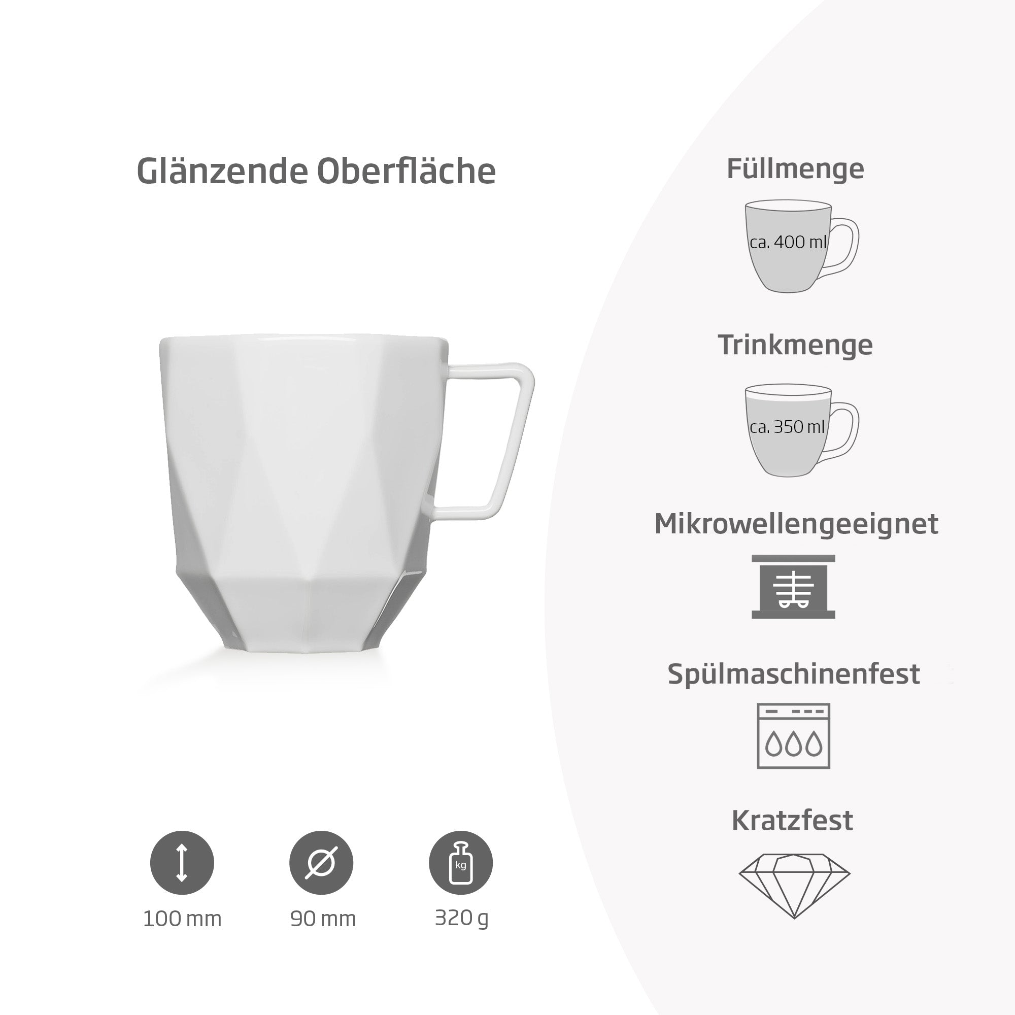 Produkteigenschaften Designtasse Poly weiß