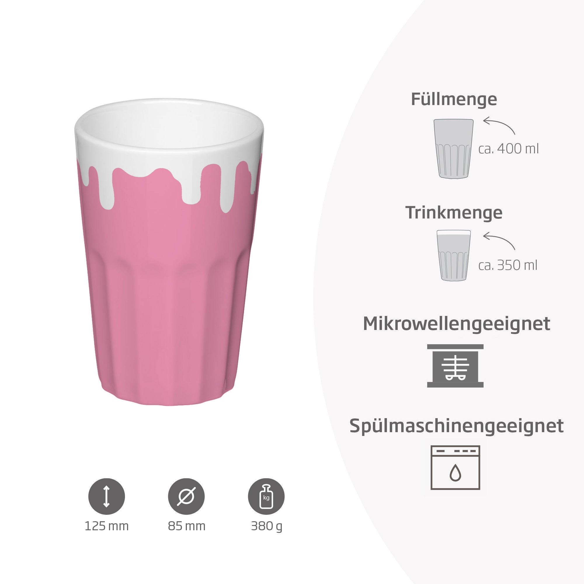 Produkteigenschaften des pinken French taste Latte Macchiato Bechers.