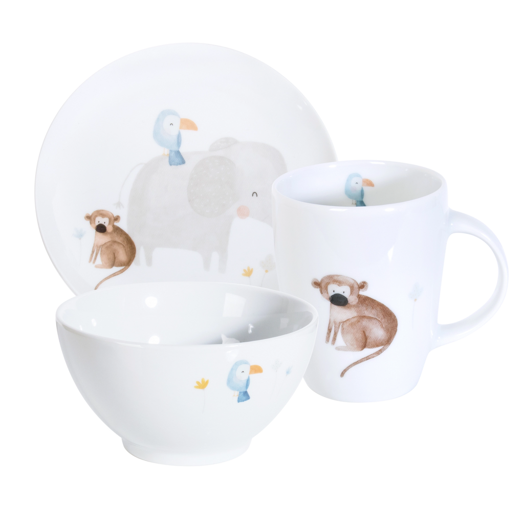 Dschungel Kindergeschirr Set mit Dschungel Tieren auf Teller, Schüssel und Tasse - Mahlwerck