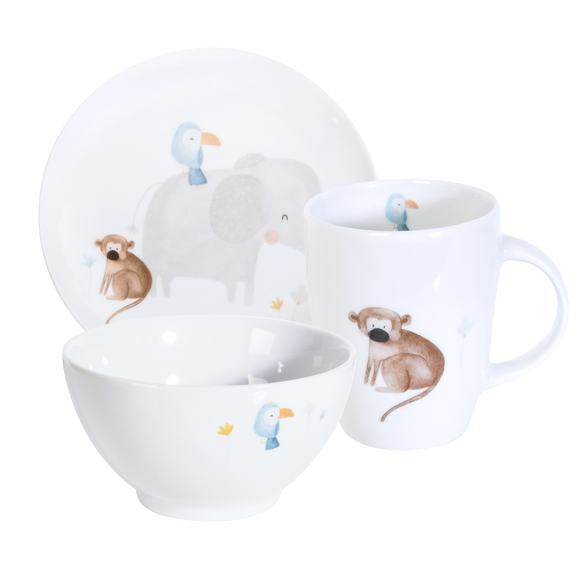 Dschungel Kindergeschirr Set mit Dschungel Tieren auf Teller, Schüssel und Tasse - Mahlwerck