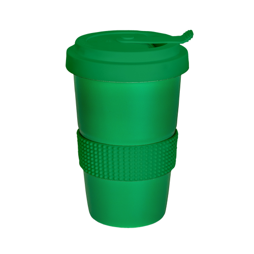 modischer coffee-2-go becher mit banderole in gruen 400ml