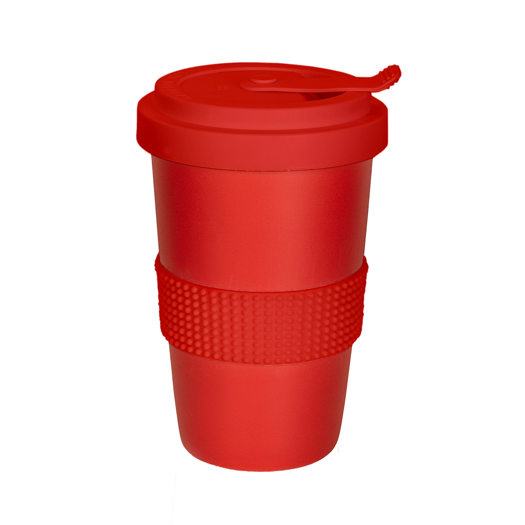 auffaelliger tee-becher mit banderole in rot 400ml