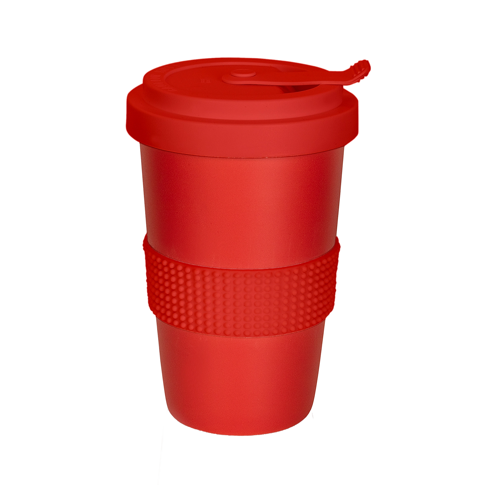 auffaelliger tee-becher mit banderole in rot 400ml