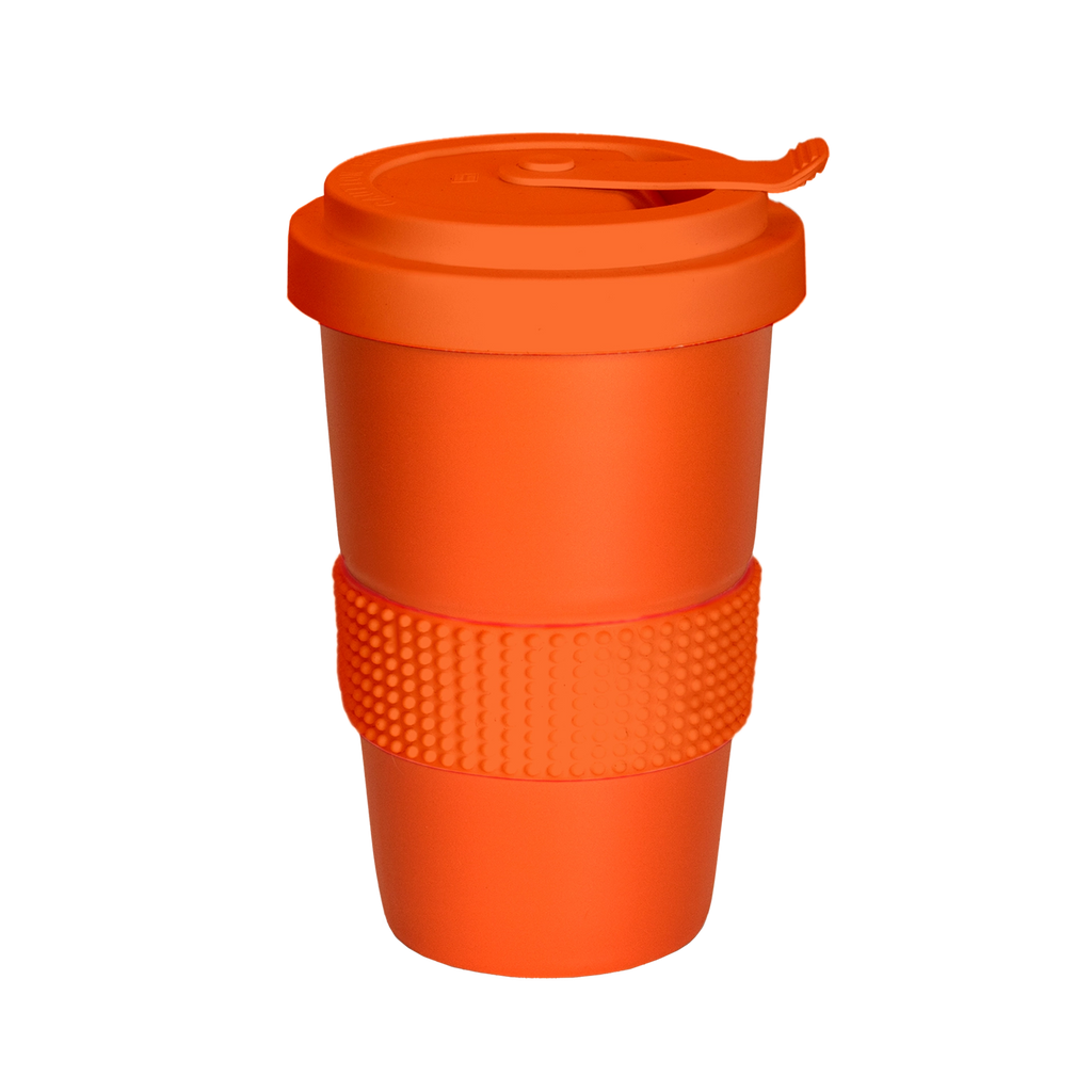 grosser kaffee-2-go-becher mit banderole in orange 400ml