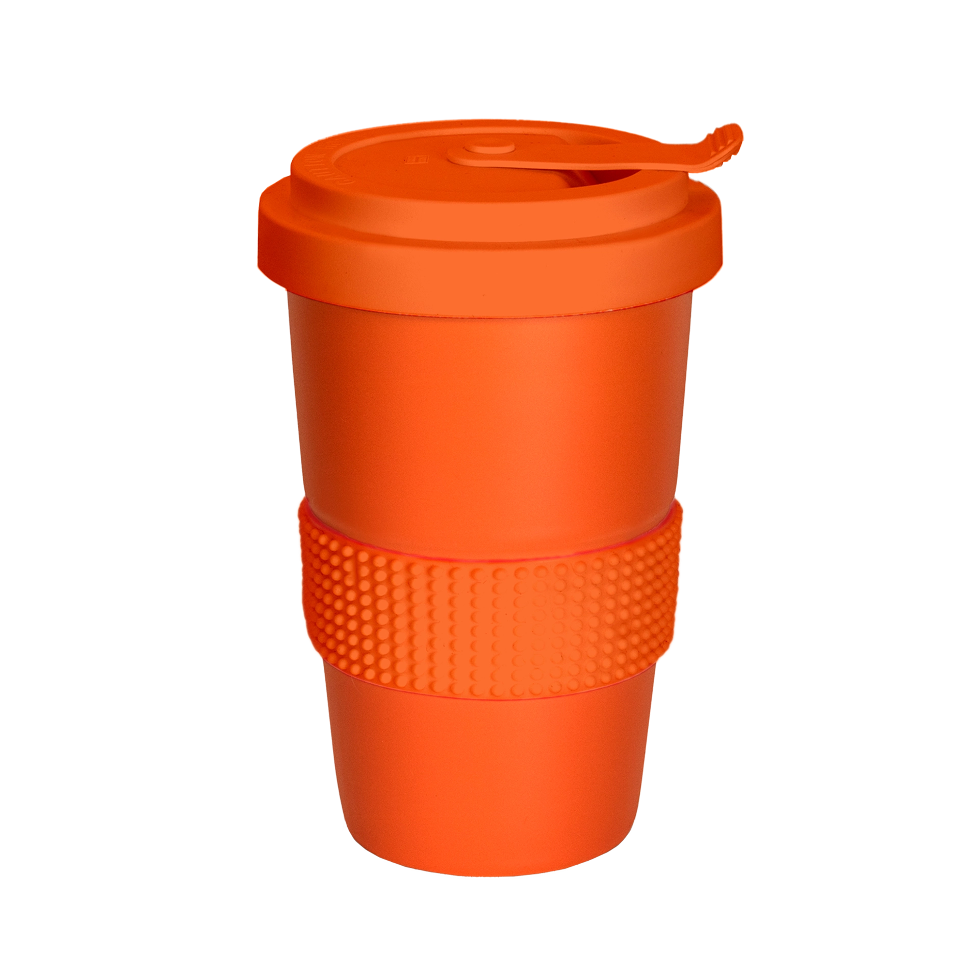grosser kaffee-2-go-becher mit banderole in orange 400ml