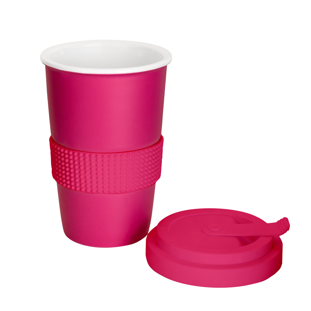 knalliger kaffeebecher mit trinkdeckel in pink 400ml