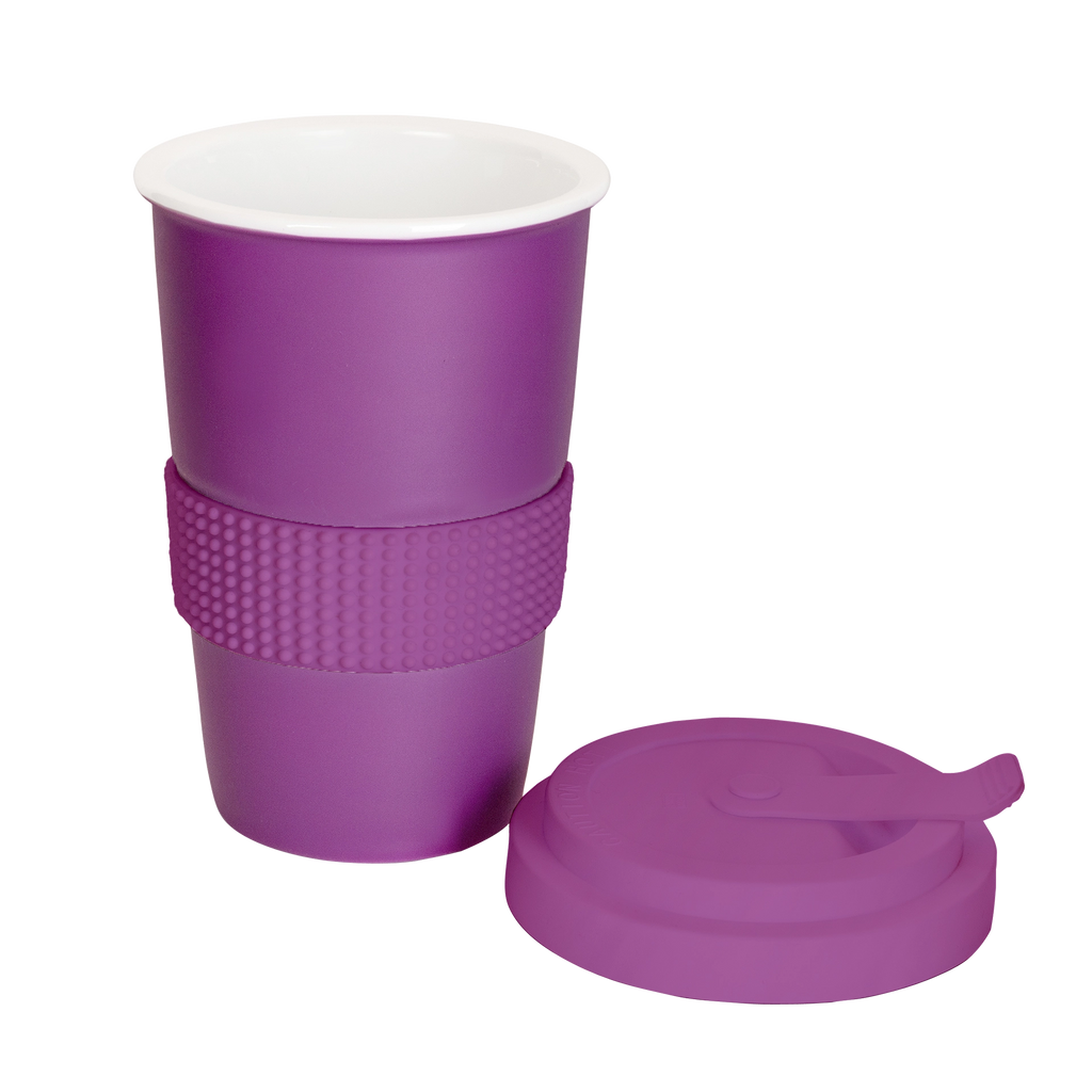 grosse tee-tasse mit trinkdeckel in lila 400ml