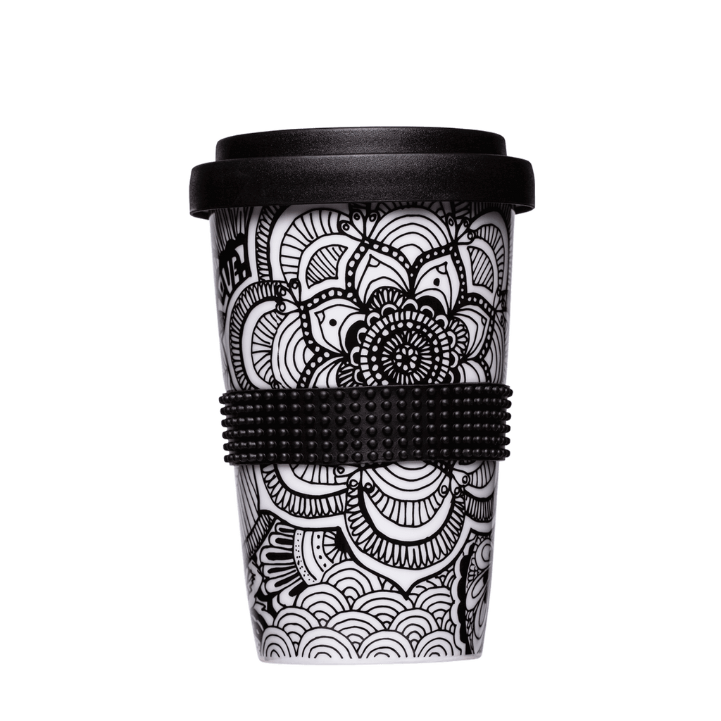 grosser kaffee-becher mit mandala-motiv in schwarz-weiss 400ml