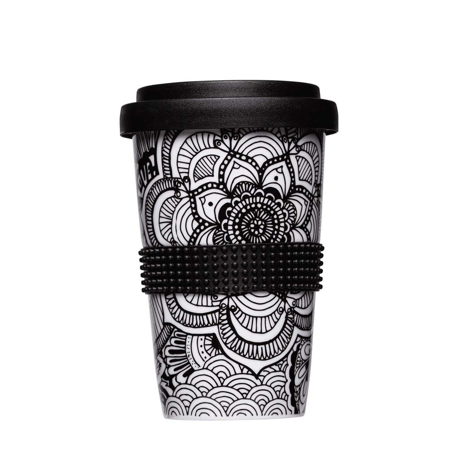 grosser kaffee-becher mit mandala-motiv in schwarz-weiss 400ml