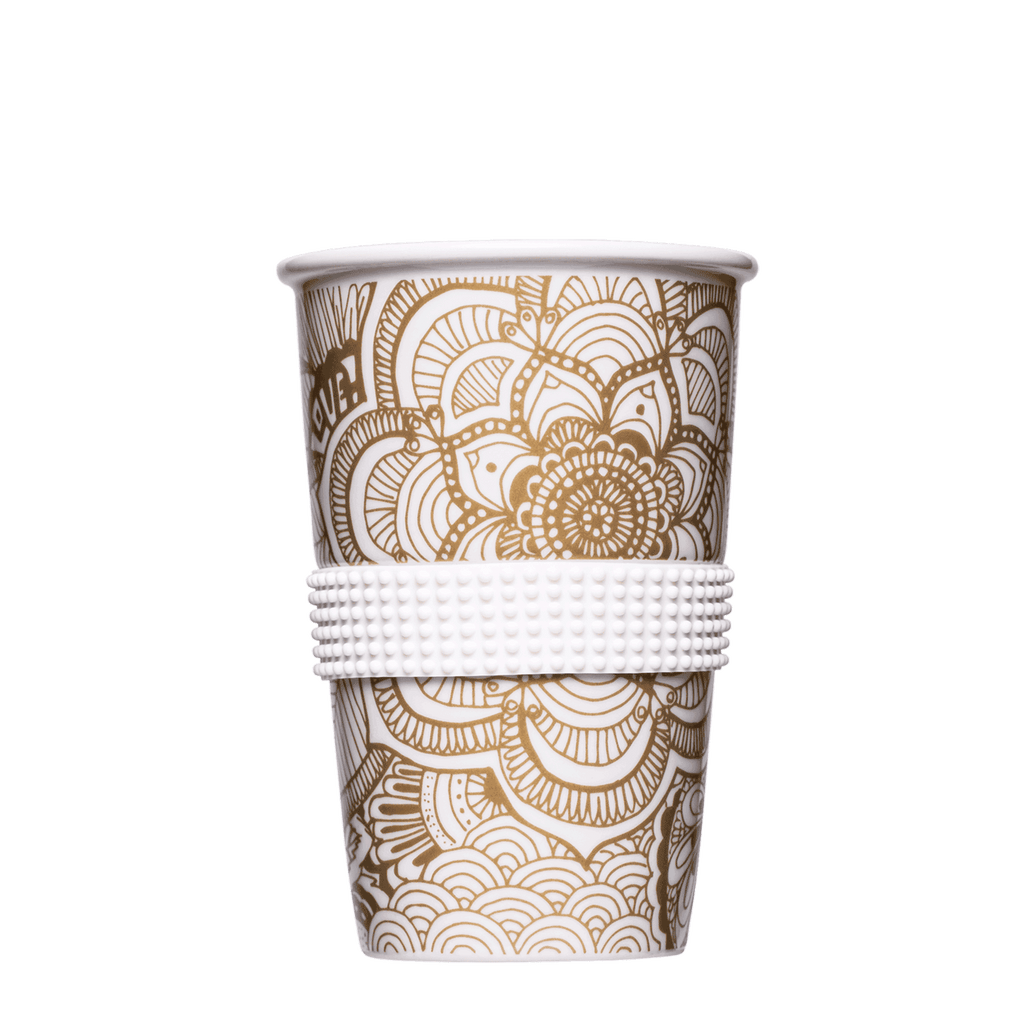 grosse porzellan-tasse mit trinkdeckel in weiss-gold 400ml
