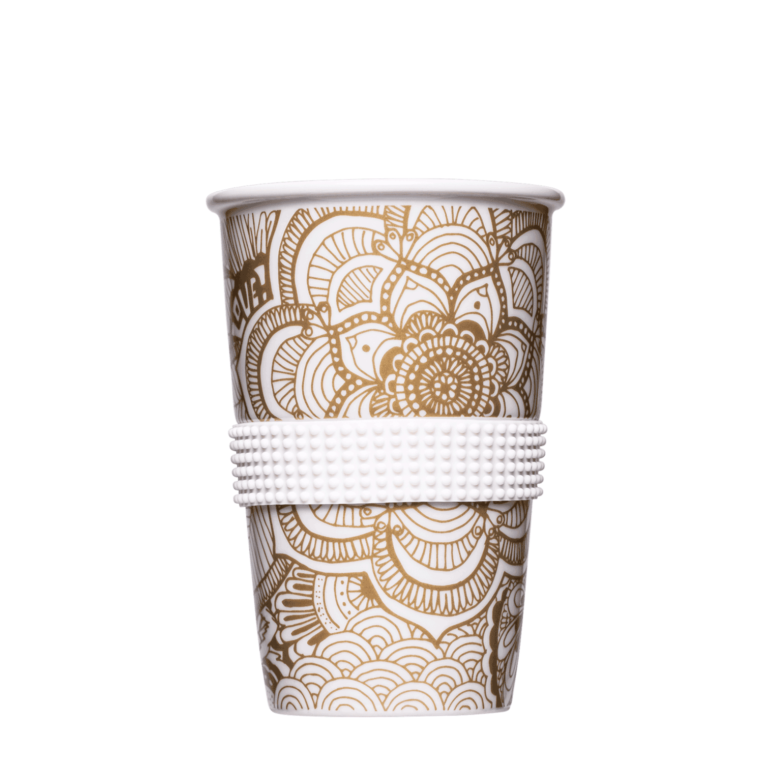 grosse porzellan-tasse mit trinkdeckel in weiss-gold 400ml