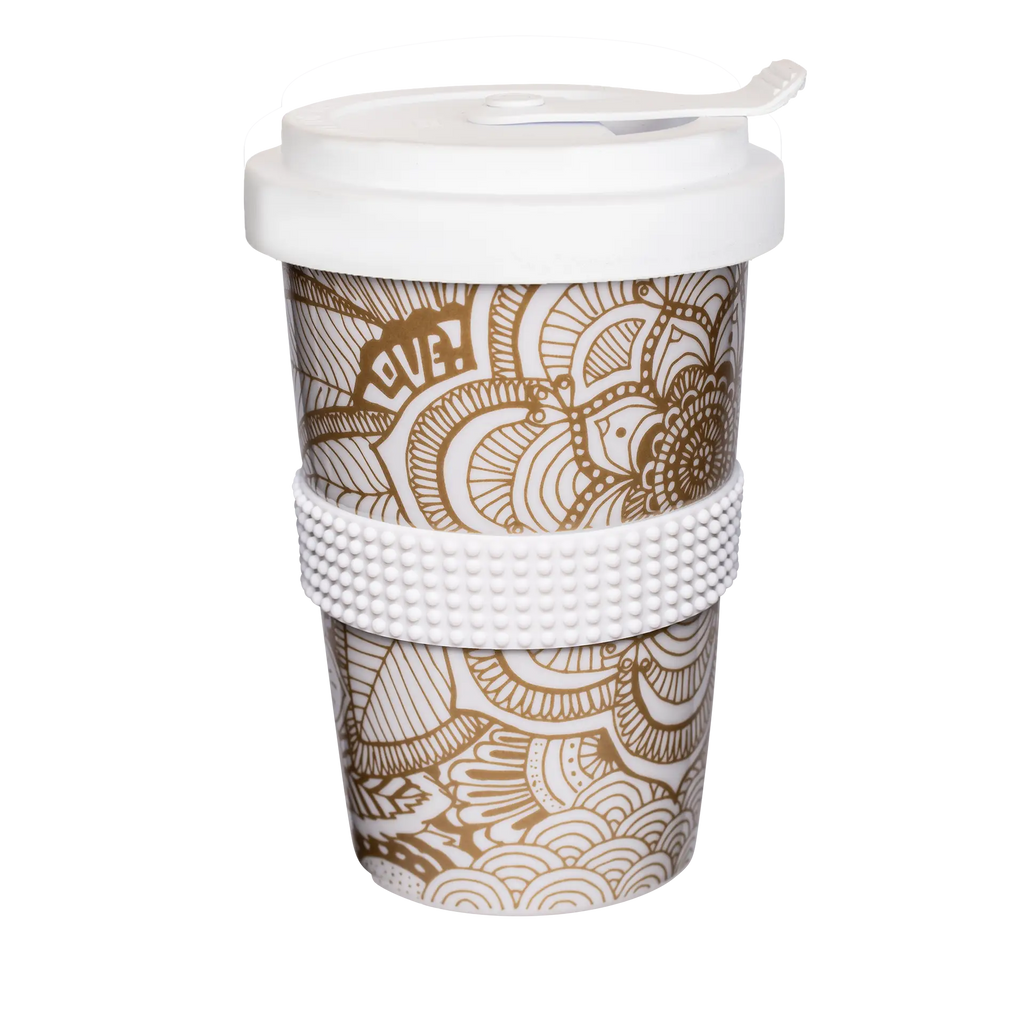 stylischer tee-becher mit boho-motiv in weiss-gold 400ml