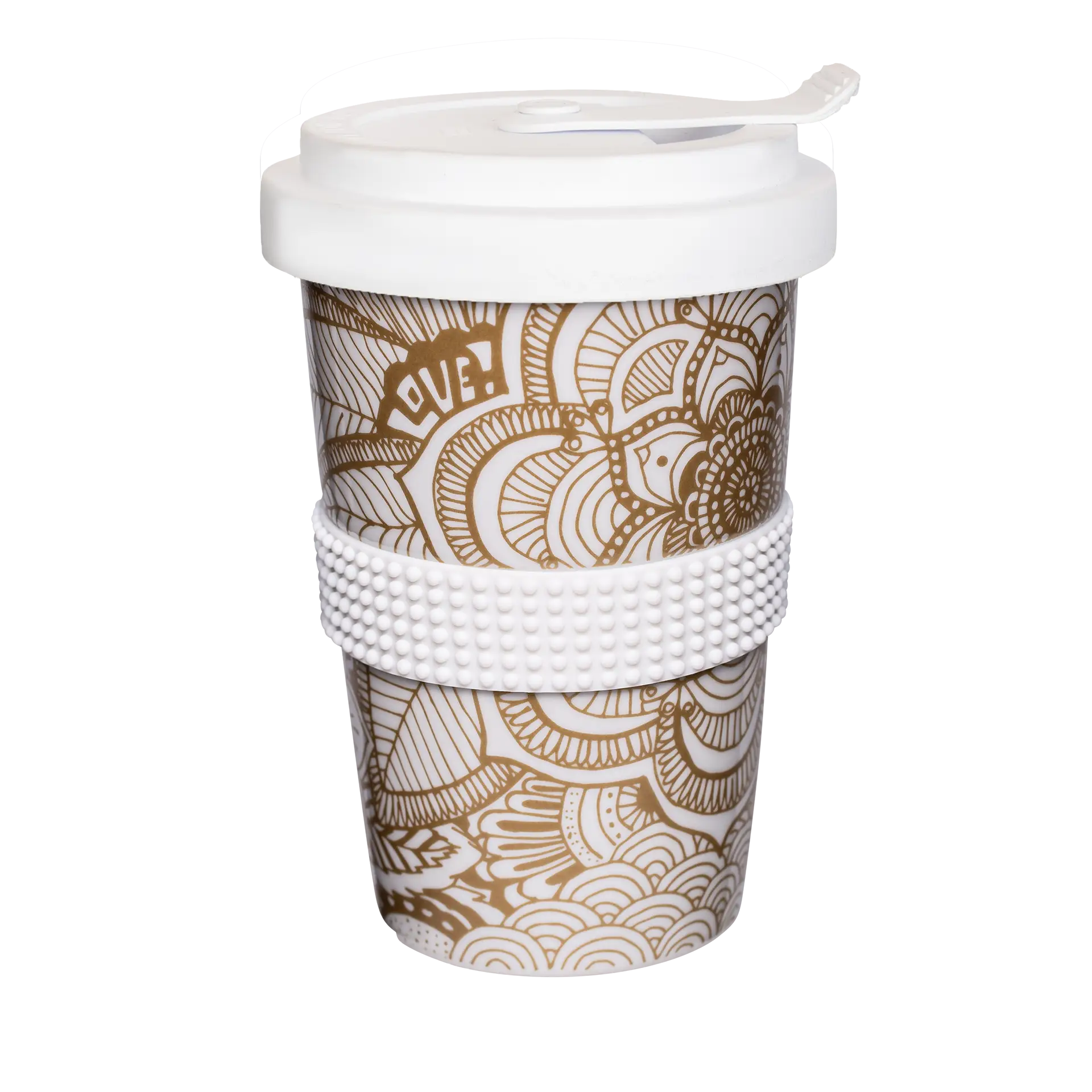 stylischer tee-becher mit boho-motiv in weiss-gold 400ml