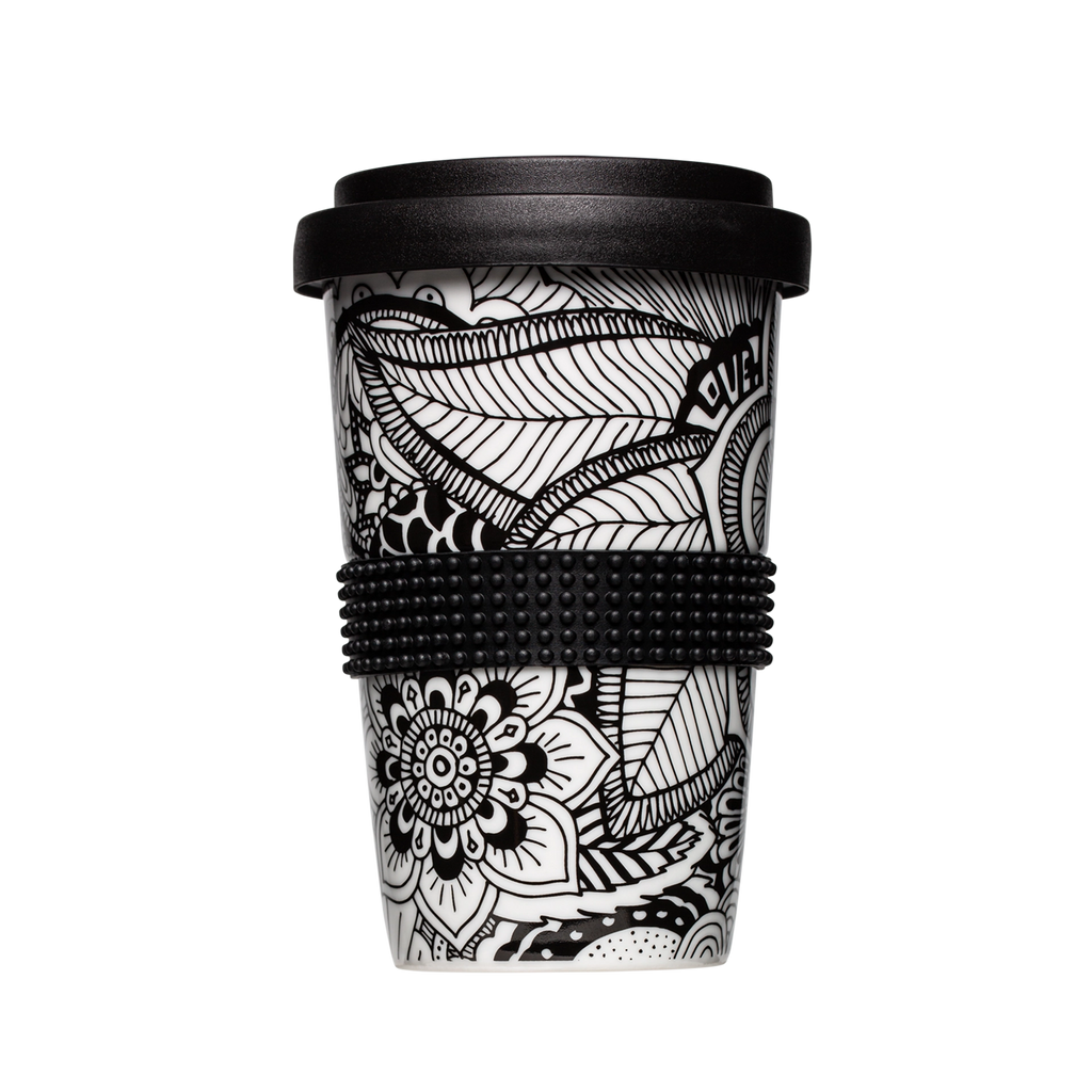 keramik-tasse mit trinkdeckel in schwarz-weiss 400ml