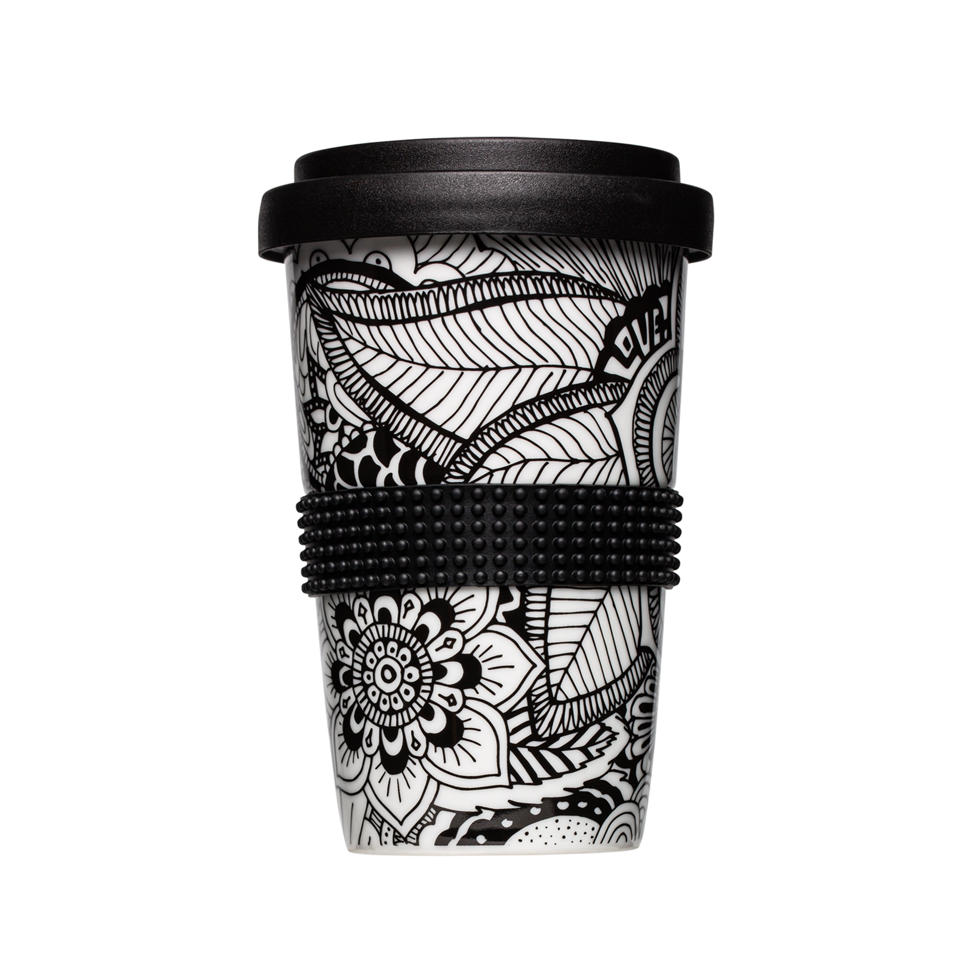 keramik-tasse mit trinkdeckel in schwarz-weiss 400ml