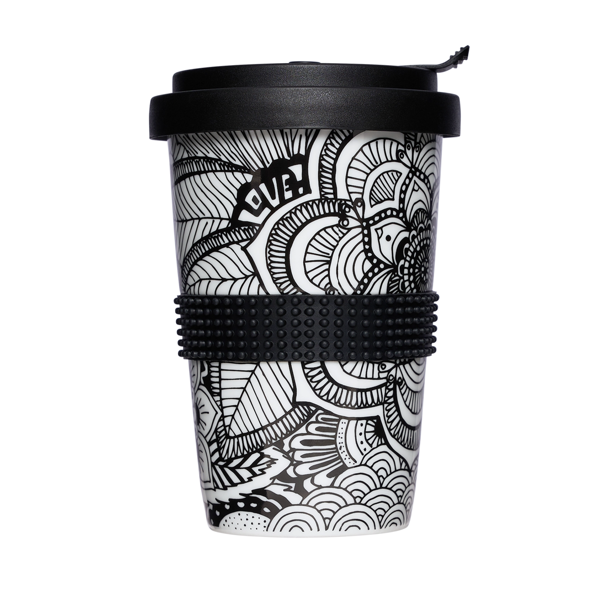 nachhaltige kaffee-tasse mit boho-motiv in schwarz-weiss 400ml