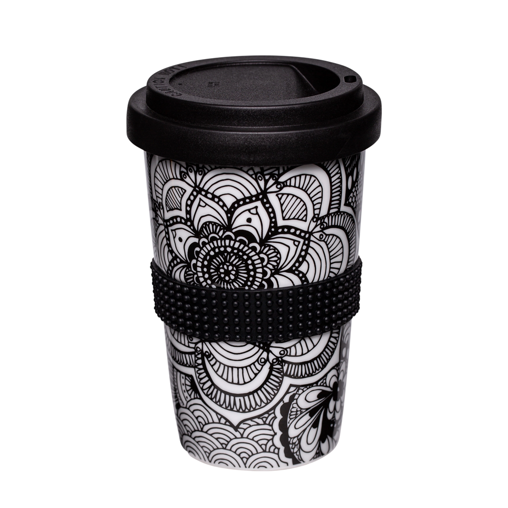 coffee2go becher mit mandala-motiv in schwarz-weiss 400ml