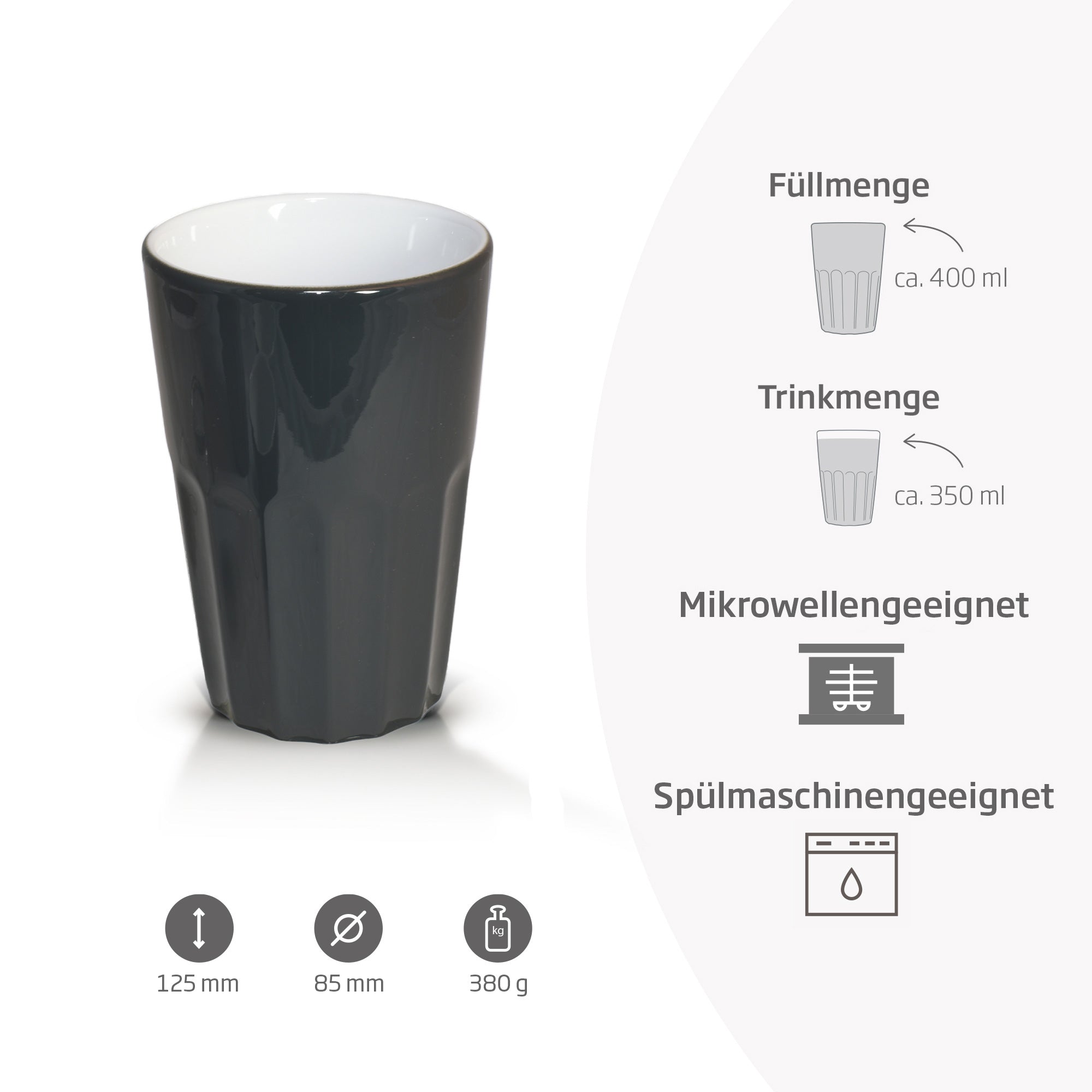 Produkteigenschaften des dunkelgrauen French Taste Latte Macchiato Bechers.